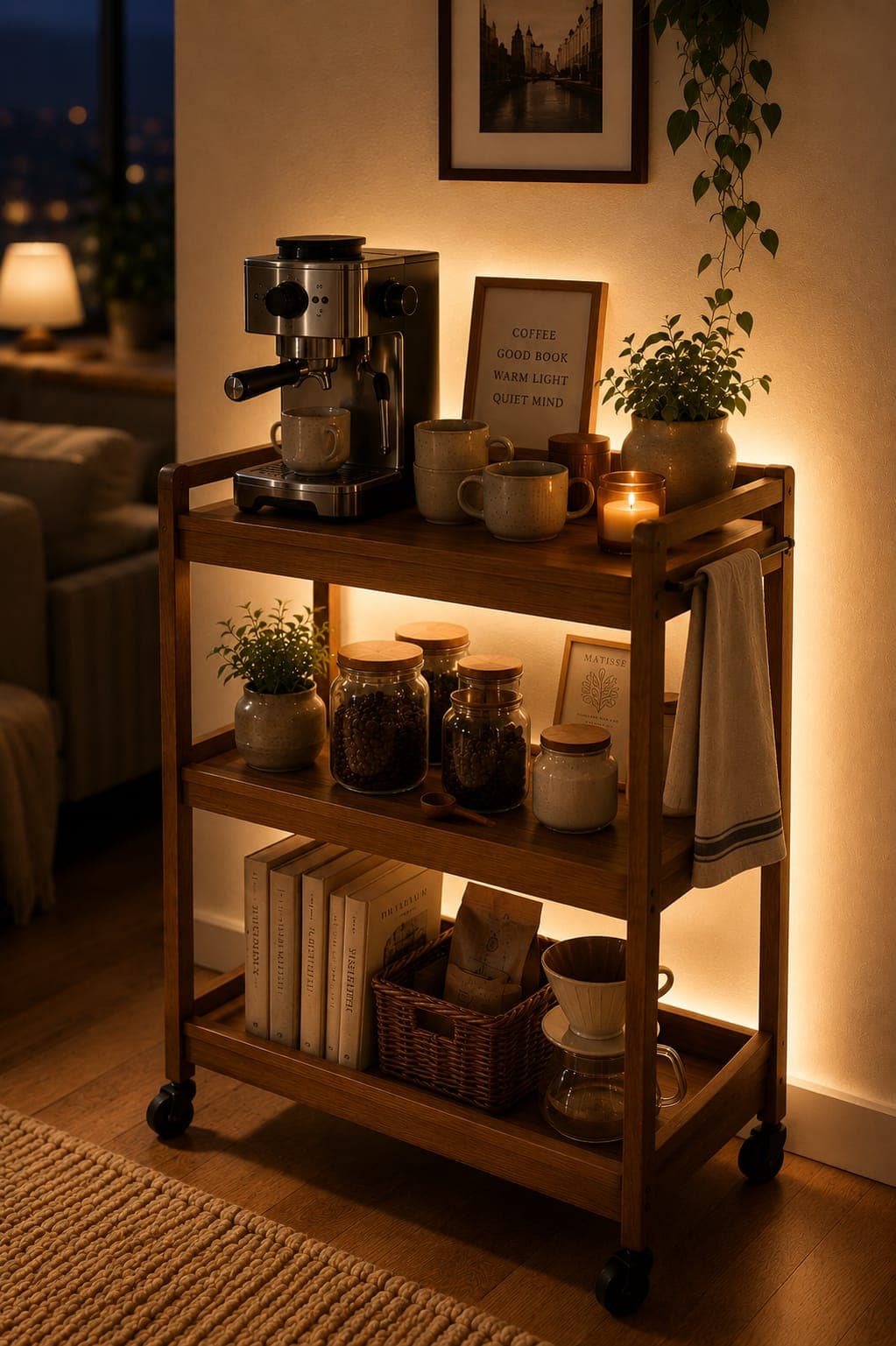 Slim three-tier rolling cart used as a coffee bar in a small apartment