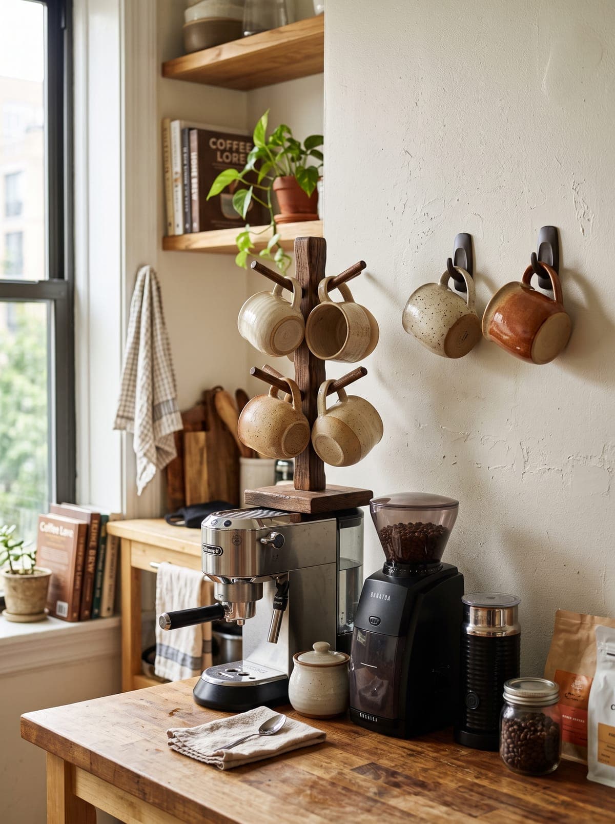 Wall-mounted mug rack with ceramic mugs above a small coffee bar cart