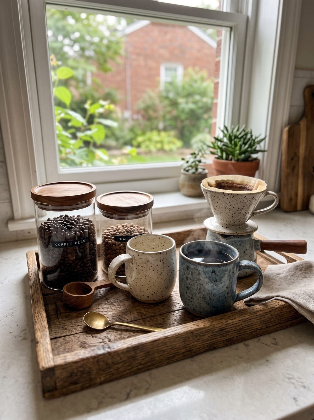 Small home coffee bar corner with wooden tray, ceramic mugs on a rack, and glass canisters on a slim cart