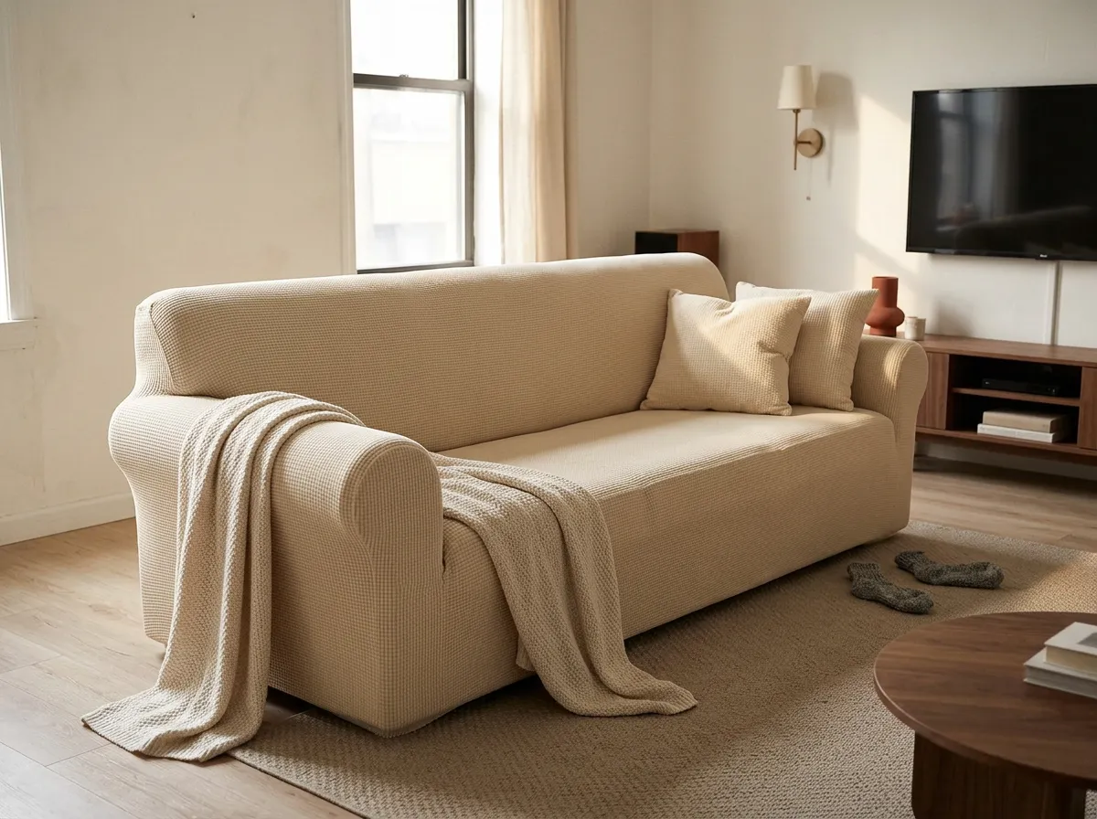Cream stretch slipcover pulled over a three cushion sofa in a small rental living room, the biggest single change among Amazon home finds for the living room