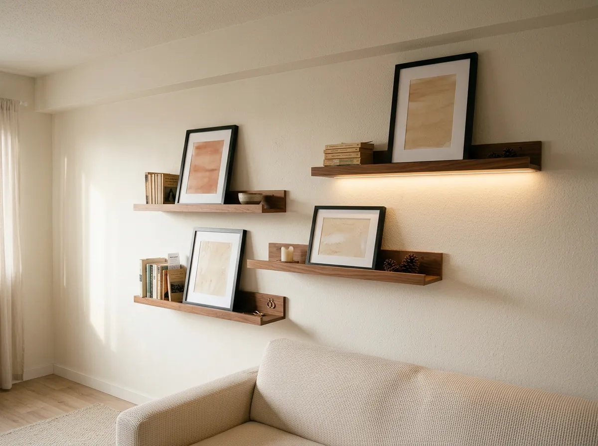 Two rows of short walnut floating wall shelves holding uniform black picture frames above a cream sofa in a rental living room, Amazon home finds for the living room wall