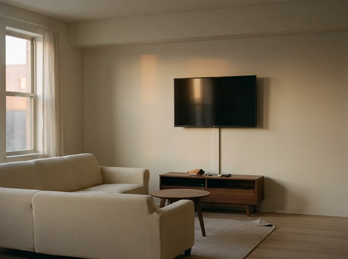 White paintable cord raceway running in a straight vertical line down the wall below a wall mounted TV in an apartment, a renter friendly Amazon home find for the living room