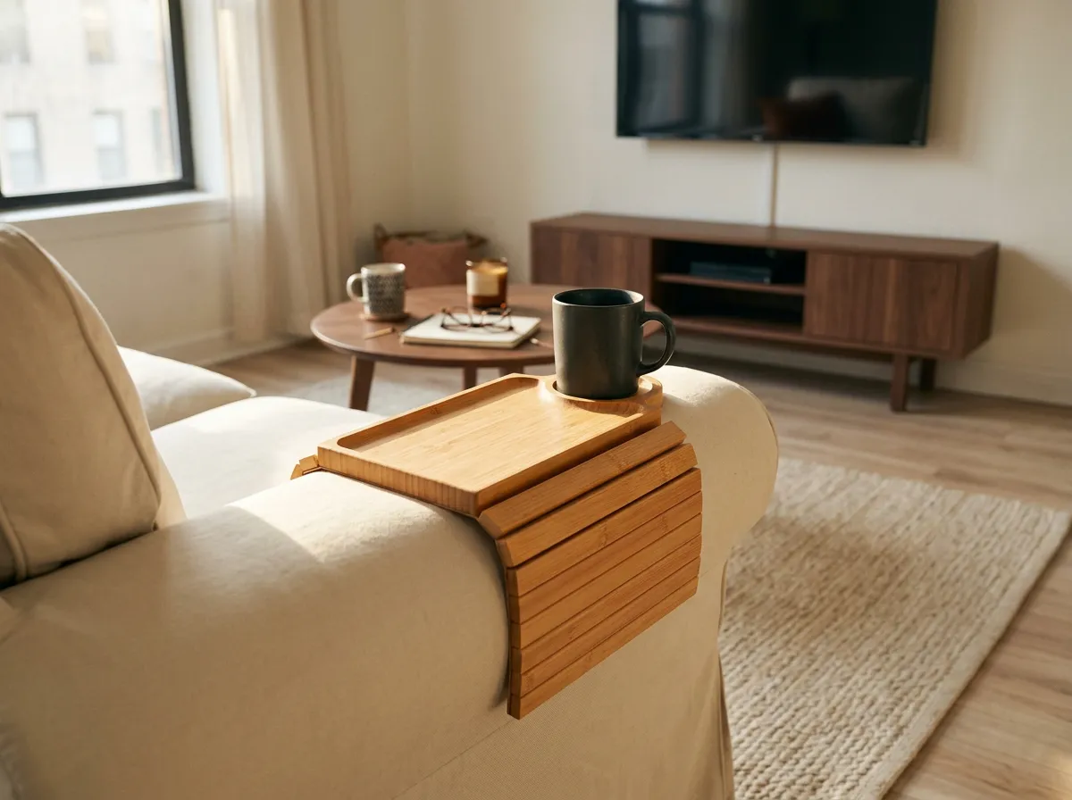 Bamboo arm tray with a cup holder resting across the arm of a slipcovered sofa in a small living room, a space saving Amazon home find for the living room