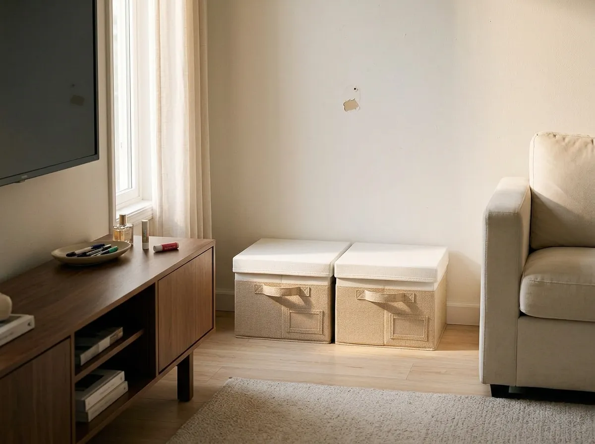Two matching linen storage boxes with lids sitting on a low wall shelf in a tidy rental living room, a decluttering Amazon home find for the living room