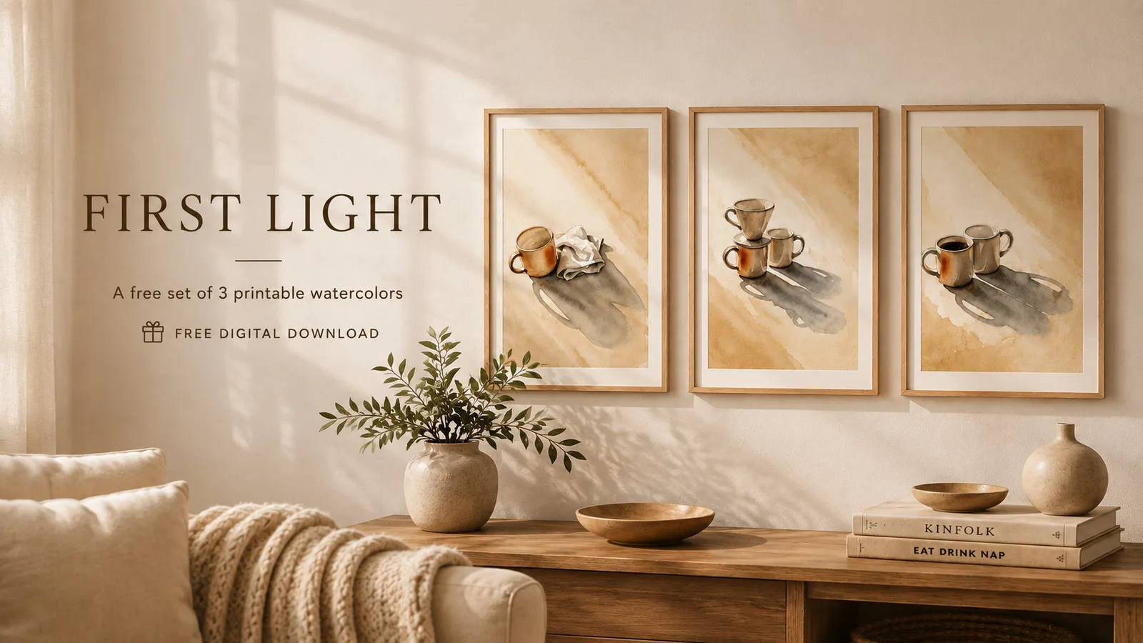Three Japandi wall art prints of stoneware coffee mugs in morning light, framed in thin oak and hung above a wooden console table in a warm neutral living room