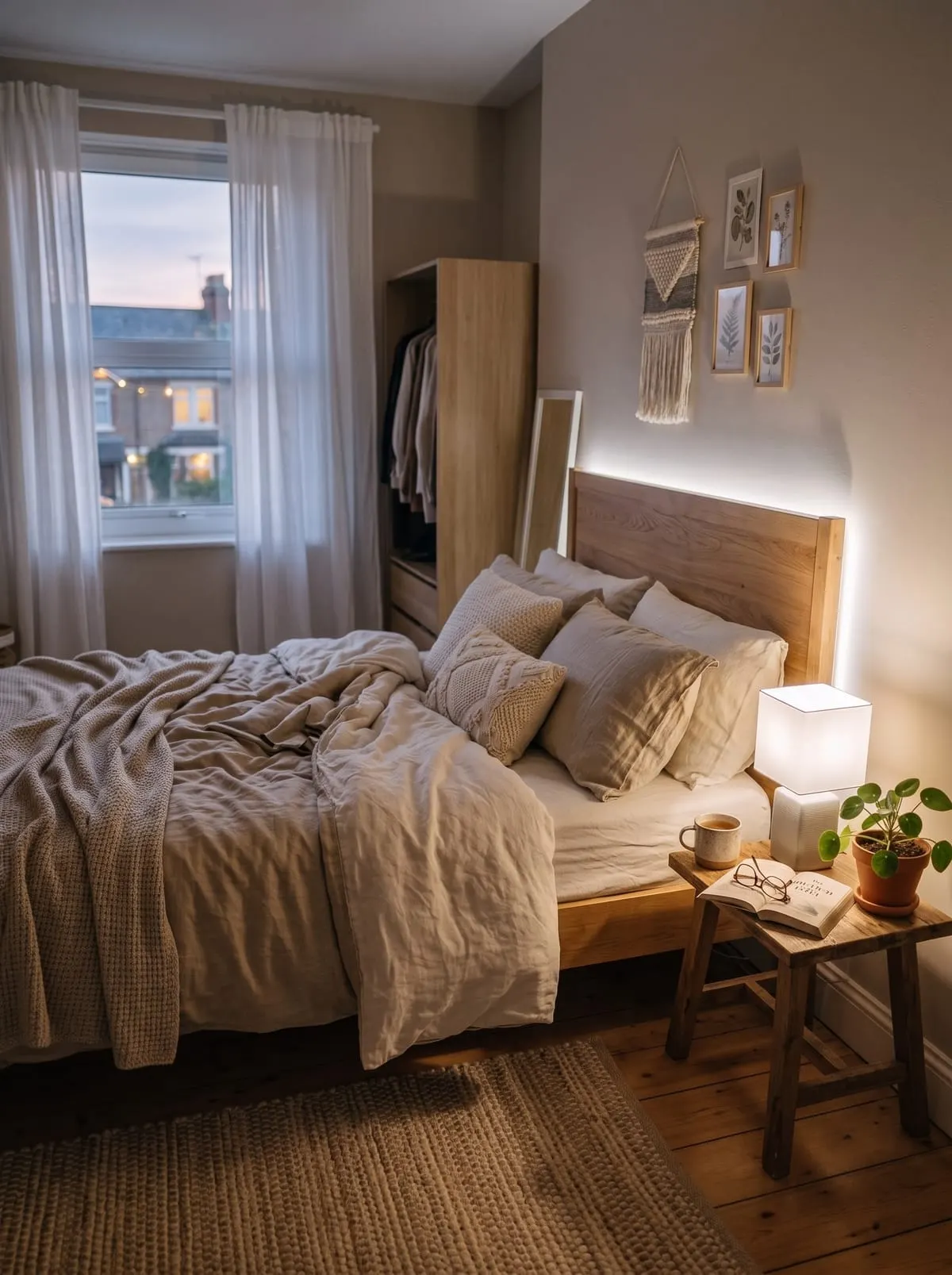Cozy neutral bedroom with layered linen bedding, warm string lights on the headboard, and a textured rug