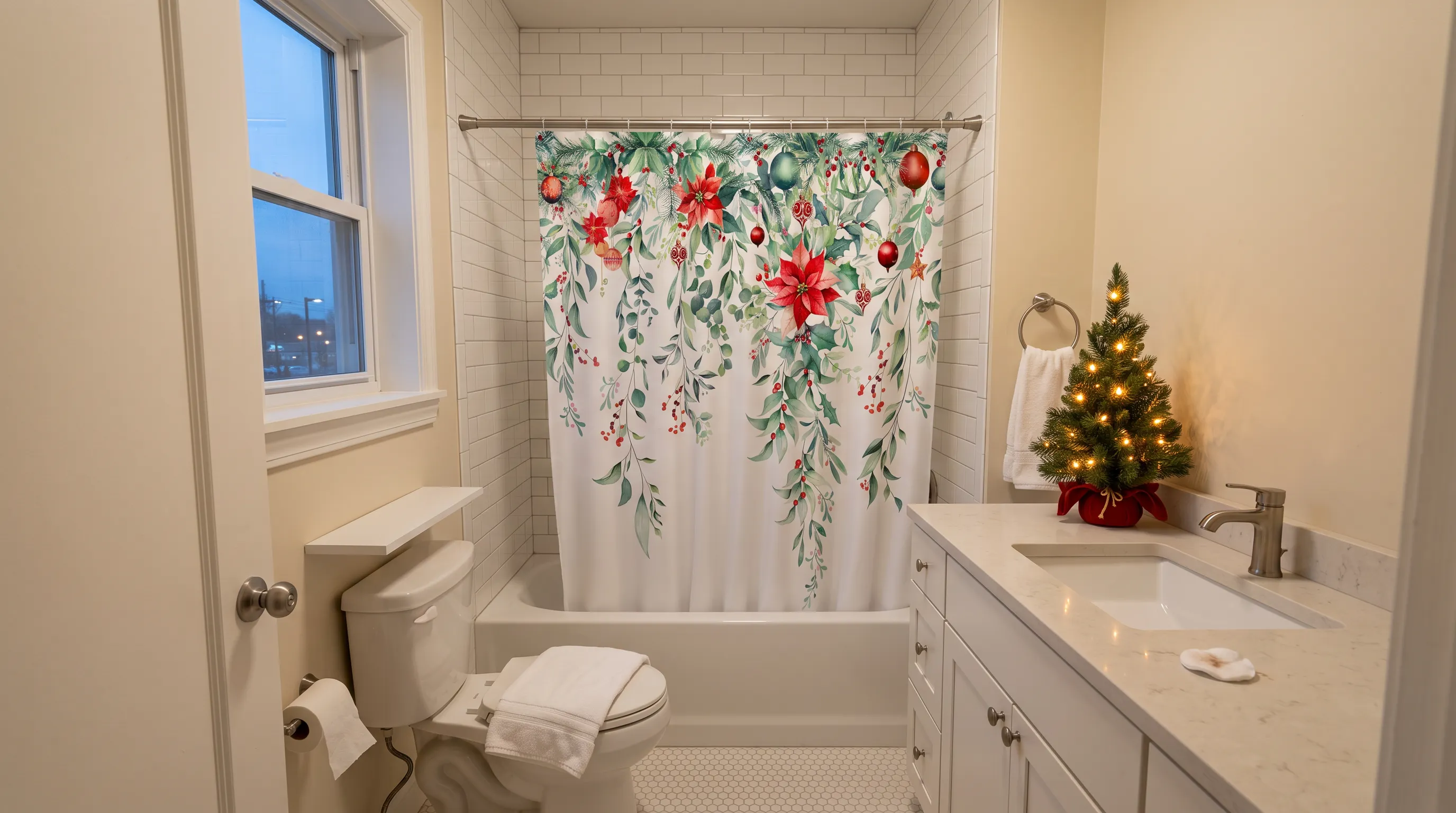 Small white-tiled bathroom at dusk with a holly shower curtain drawn across the tub and a mini tree glowing at the end of the vanity counter, Christmas bathroom decor for a small bathroom