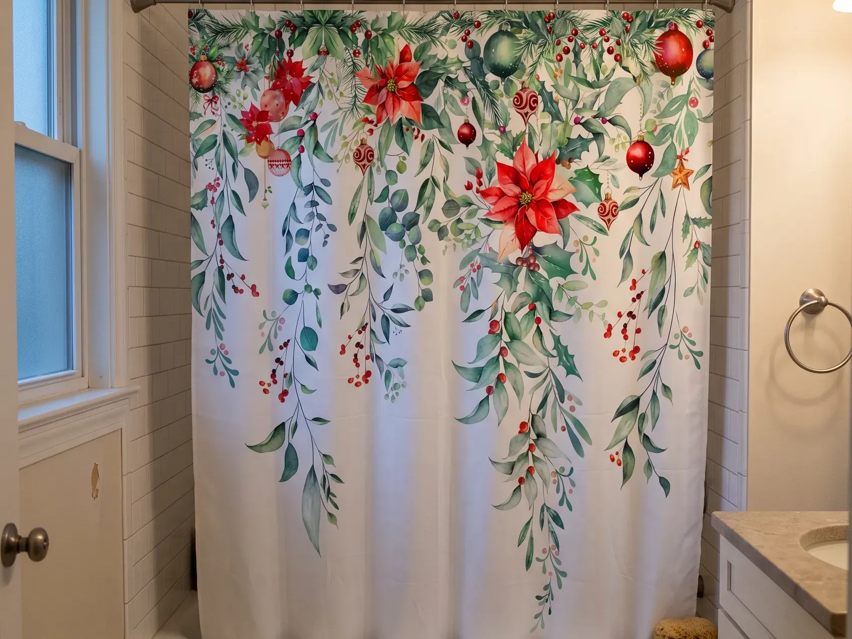 Standard tub with a white shower curtain printed with hanging holly, poinsettias and red ornaments, hung on a plain straight rod, Christmas shower curtain in a small bathroom