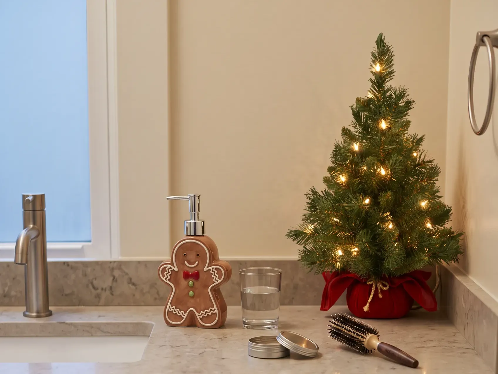 Narrow bathroom vanity with a gingerbread ceramic soap dispenser beside the faucet and a two-foot pre-lit mini tree at the far end of the counter, Christmas bathroom decor for a small counter