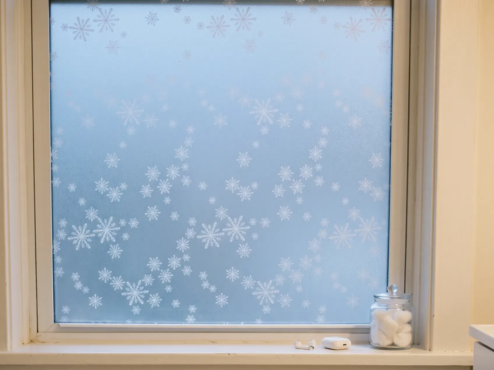 Small bathroom window covered in frosted film printed with white snowflakes and soft evening light coming through, Christmas bathroom decor for a window