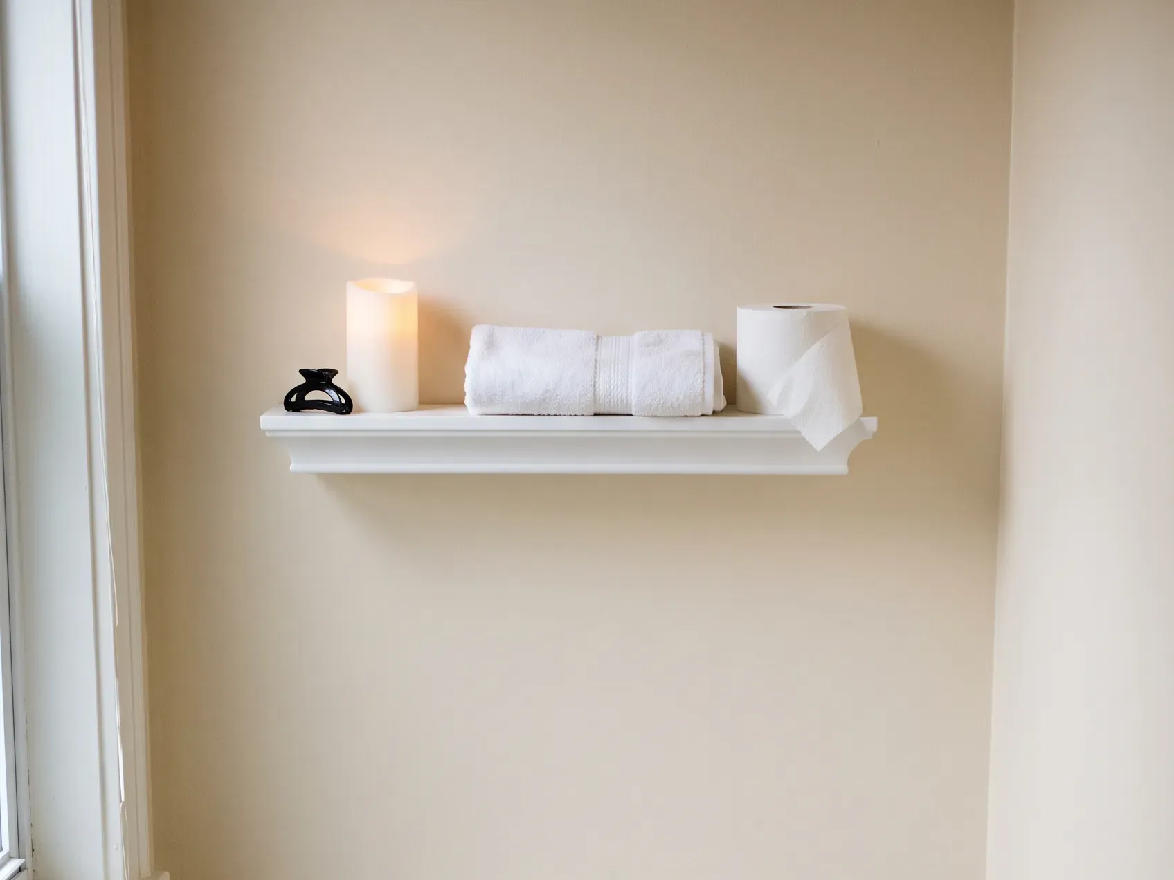 Small shelf above a toilet with one flameless candle glowing softly and a folded white towel, the rest of the wall left bare, Christmas bathroom decor kept to a few things