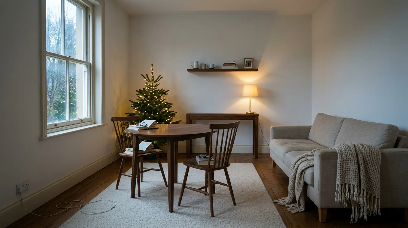 Warm evening living room with a decorated tree in the corner, a cedar garland along the shelf and lit candles on the console, showing cozy neutral Christmas decor ideas