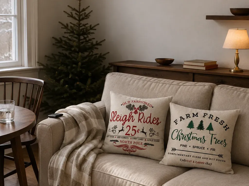 Sofa with printed farmhouse Christmas pillow covers and a buffalo check throw folded over one arm, Christmas decor ideas for a living room
