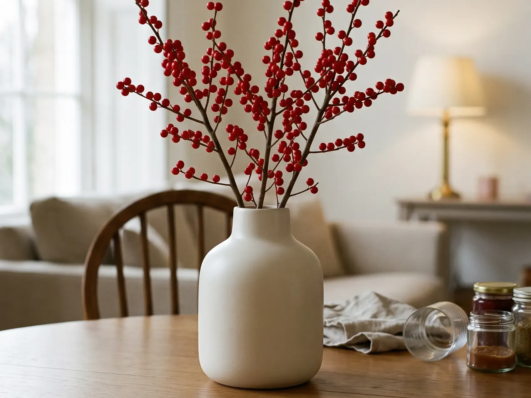 Red berry stems in a ceramic vase on a dining table beside a folded napkin, simple Christmas decor ideas for a table