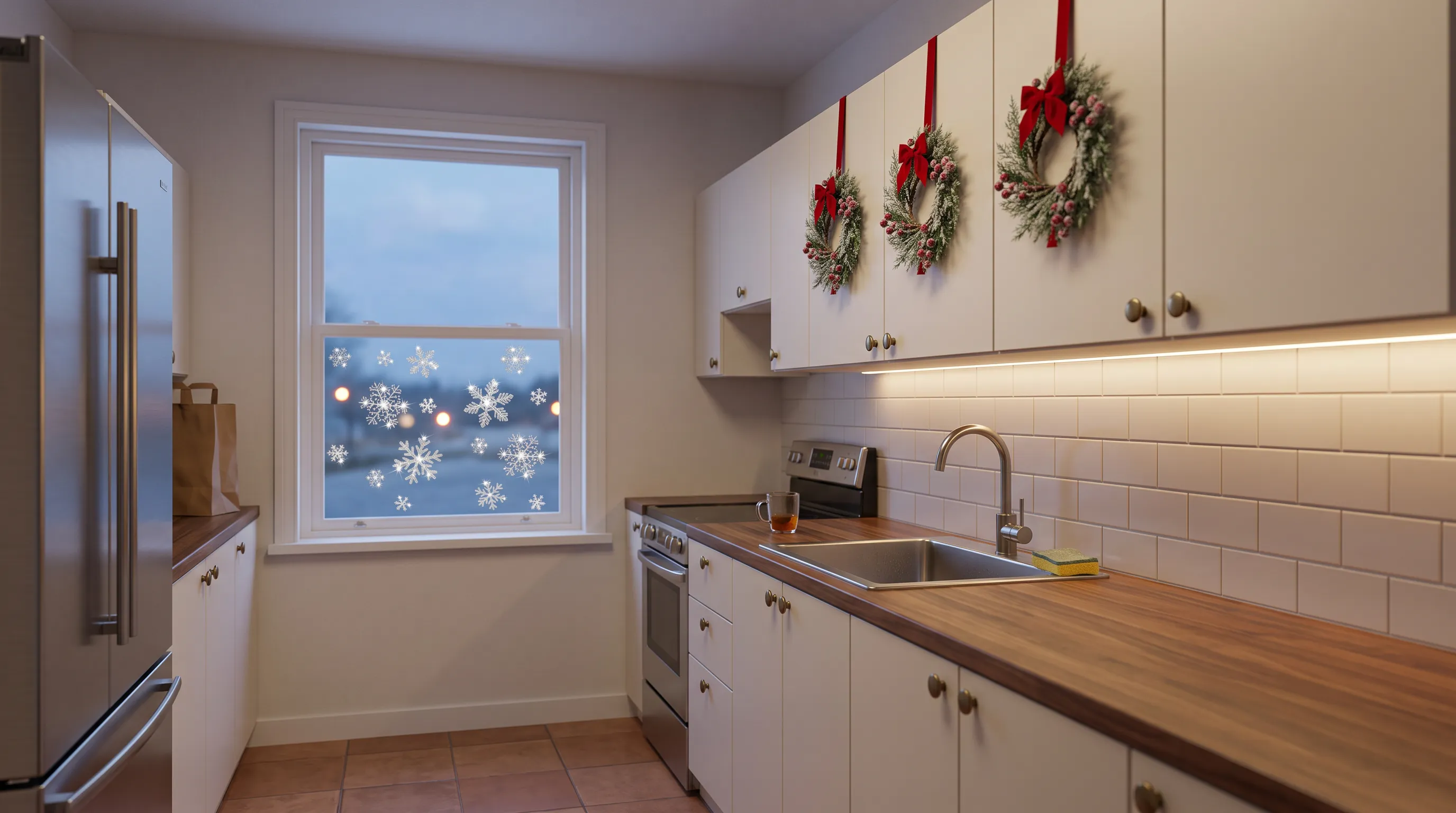 Small galley kitchen at dusk with snowflakes on the window over the sink and a mini wreath hanging on each of three upper cabinet doors, Christmas kitchen decor for a small kitchen
