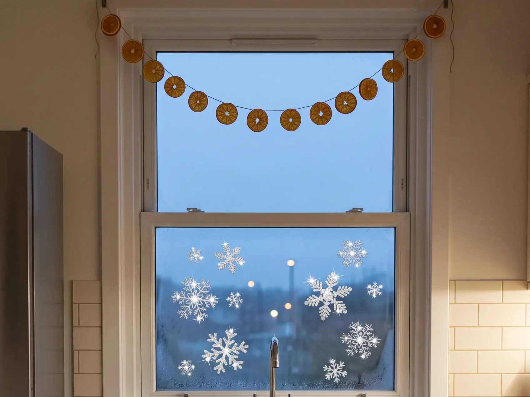 Kitchen window over a sink with white snowflake clings on the lower glass and a dried orange slice garland tied across the top, Christmas kitchen decor for a window