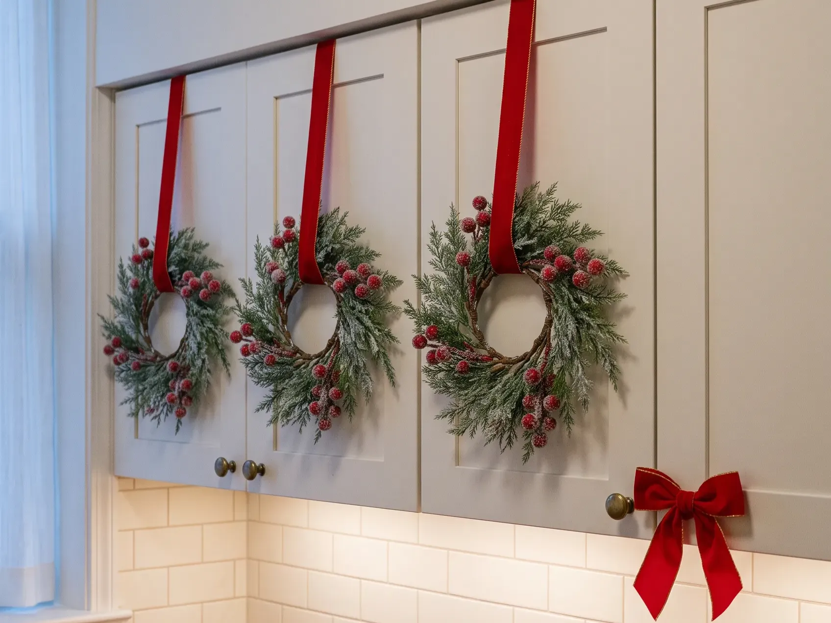 Row of upper kitchen cabinet doors with a small pine wreath hanging flat on three of them from a ribbon loop over the top edge and a red bow tied around the knob of the fourth, Christmas kitchen decor on cabinets