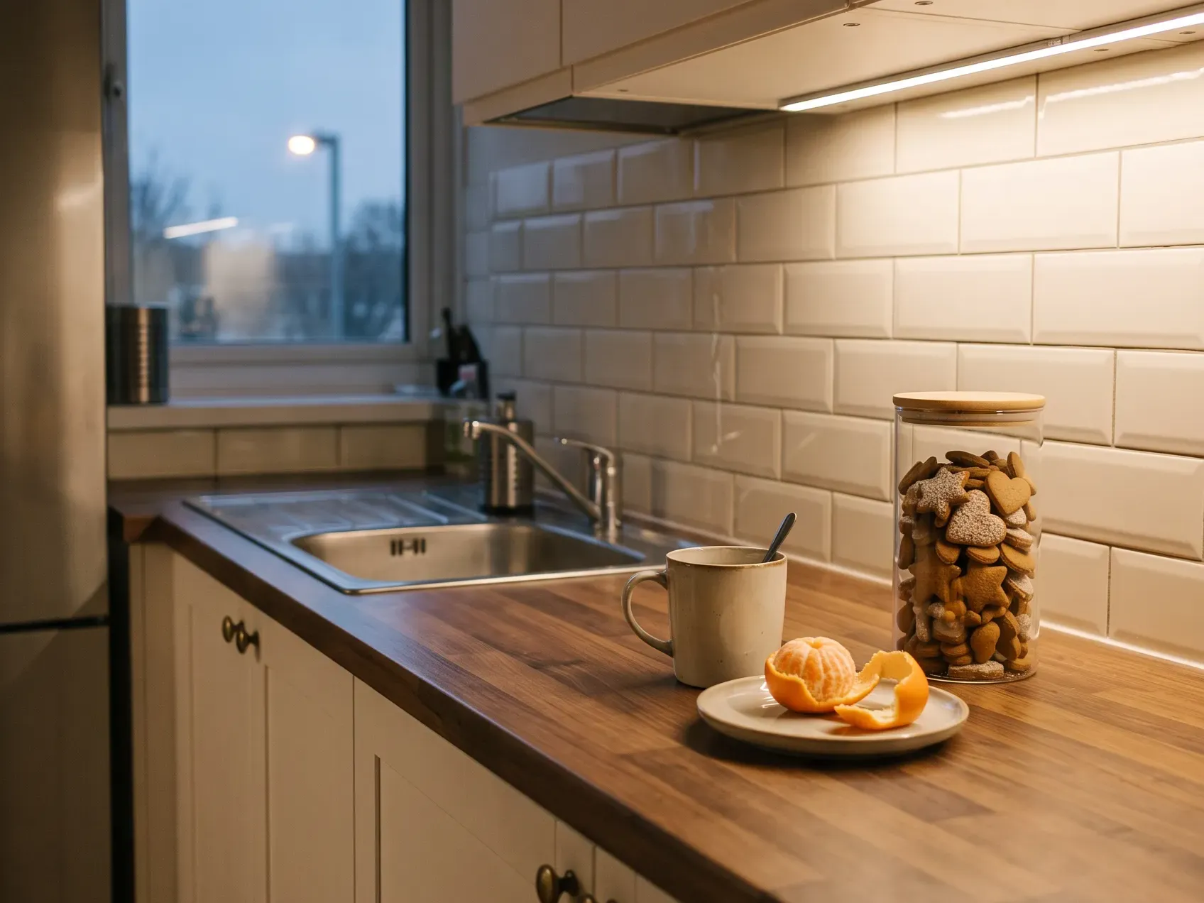 Glass jar with a wooden lid full of cookies at the back corner of a kitchen counter against the wall, Christmas kitchen counter decor that doubles as a snack