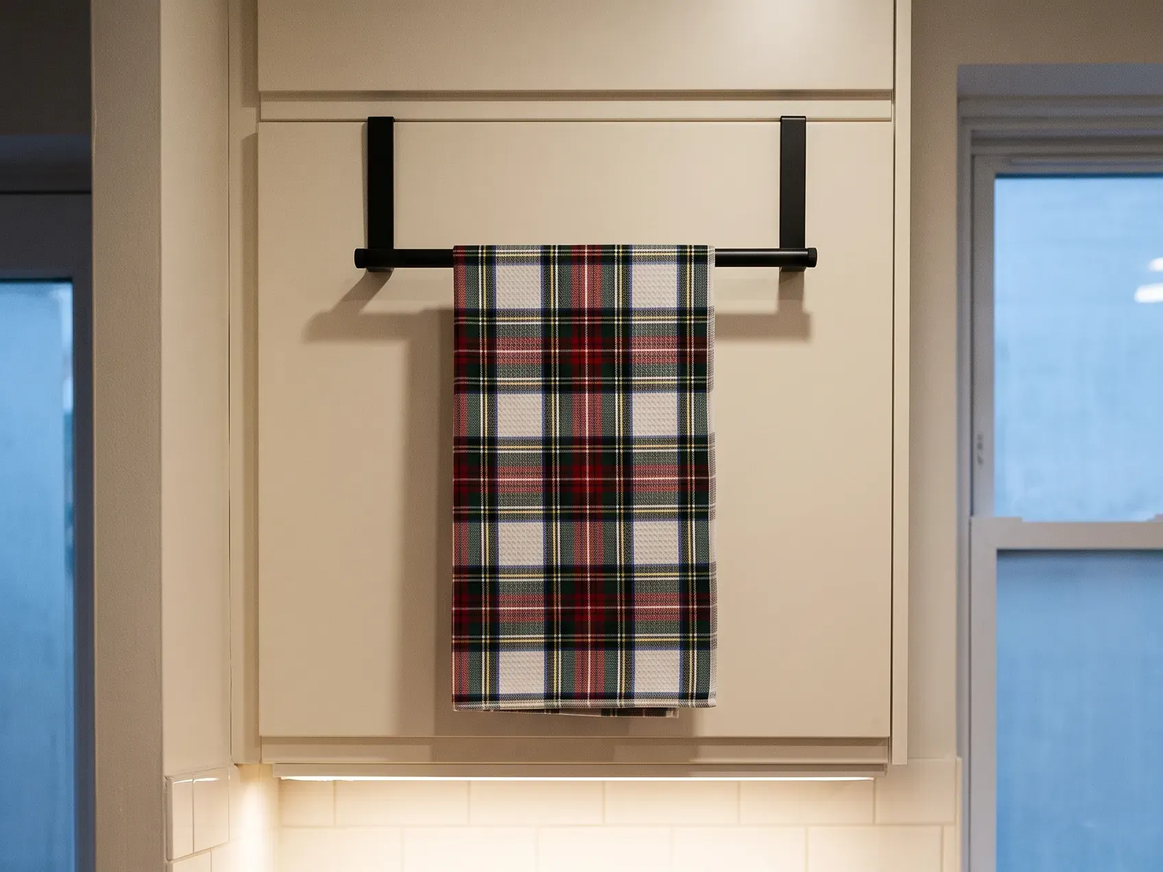 Black bar hooked over the top of an upper cabinet door beside the window with a red tartan waffle towel folded over it, away from the stove, Christmas kitchen decor with a dish towel