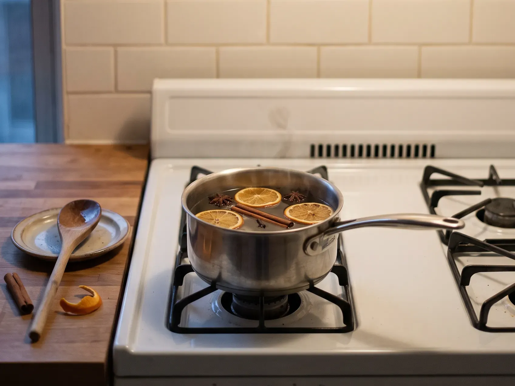 Small saucepan of water on a stove burner with orange slices, cinnamon sticks and star anise floating in it, making a kitchen smell like Christmas