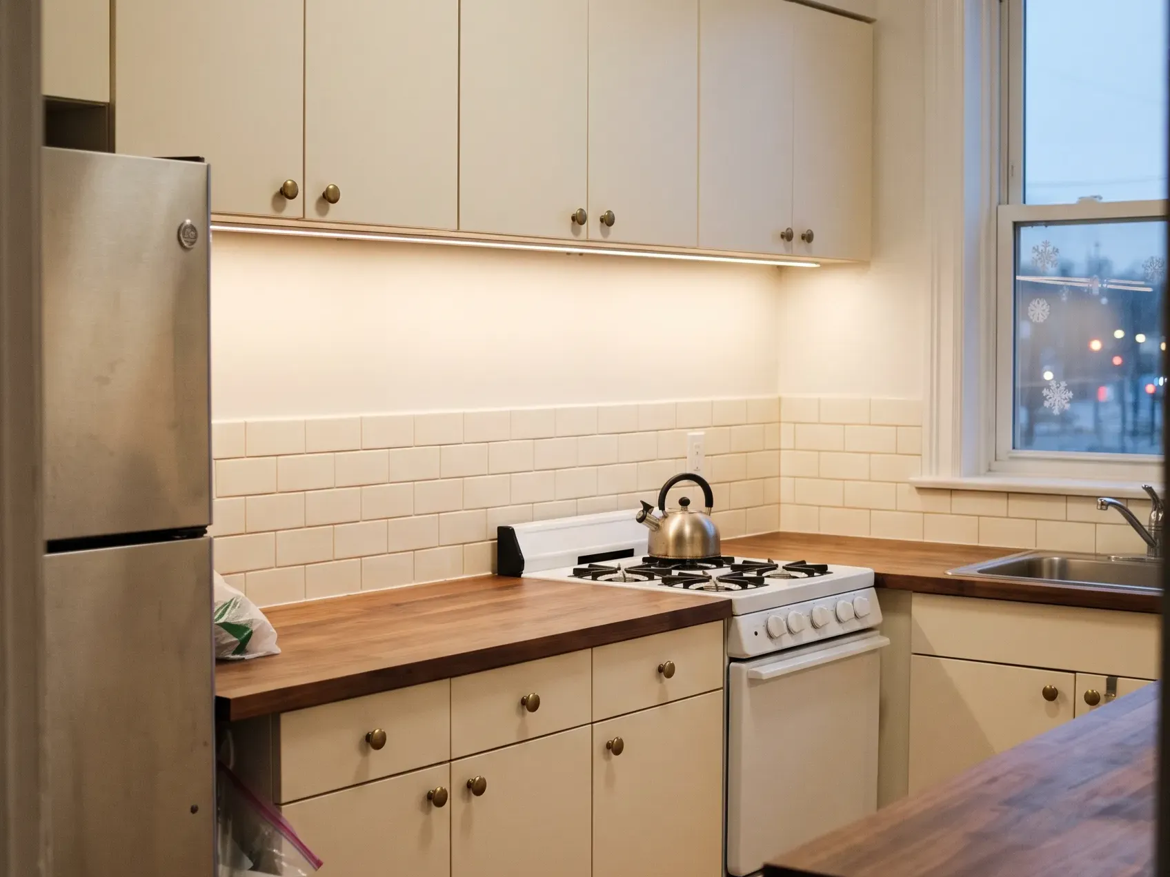 Bare tile wall and plain hood above a four-burner range with only a small kettle on a back burner and nothing hung near it, Christmas kitchen decor kept away from the stove