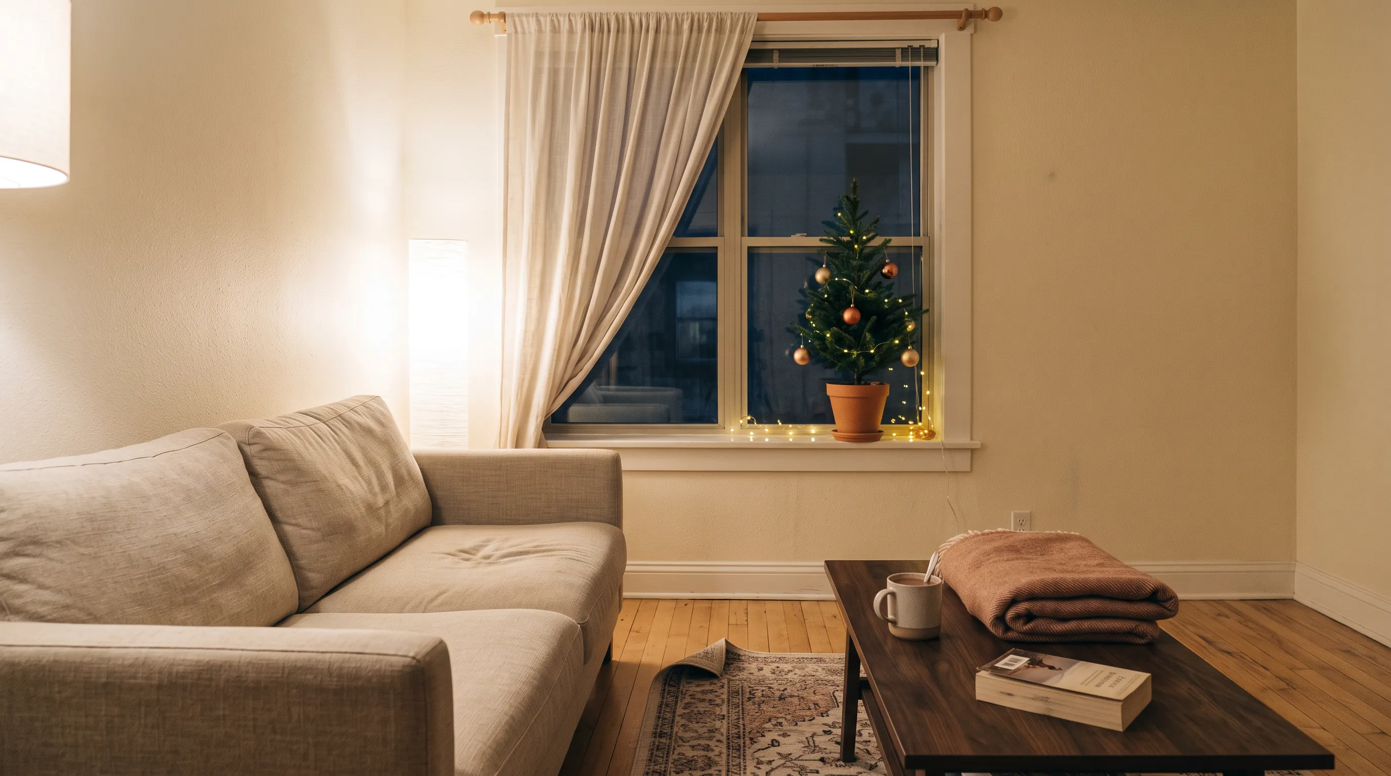 Small living room corner in the evening with a tabletop tree glowing on the windowsill and a rumpled throw on the sofa, set up for christmas list ideas