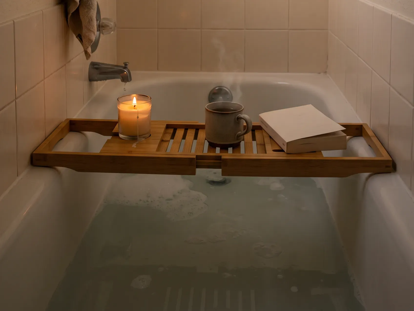 Expandable bamboo tray resting across a bathtub with a book and a candle on it, a christmas list idea for a long bath