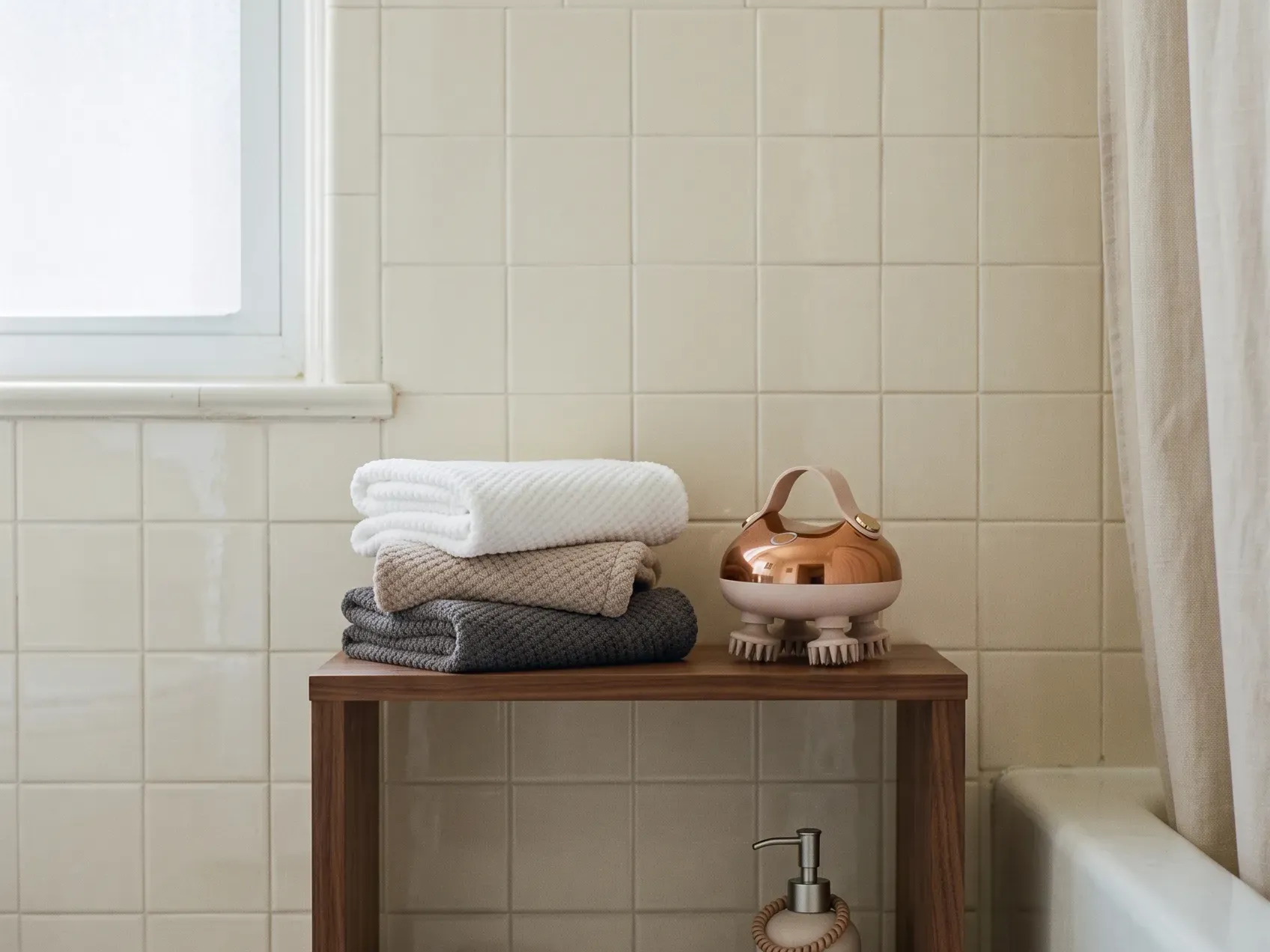 Folded microfiber hair towel wraps and a silicone scalp massager on a narrow bathroom shelf, a christmas wish list idea for the shower