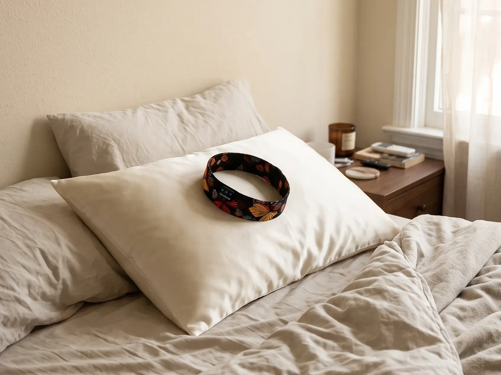 Silk pillowcase on a rumpled bed with a soft sleep headband lying on the pillow, a christmas list idea for better sleep