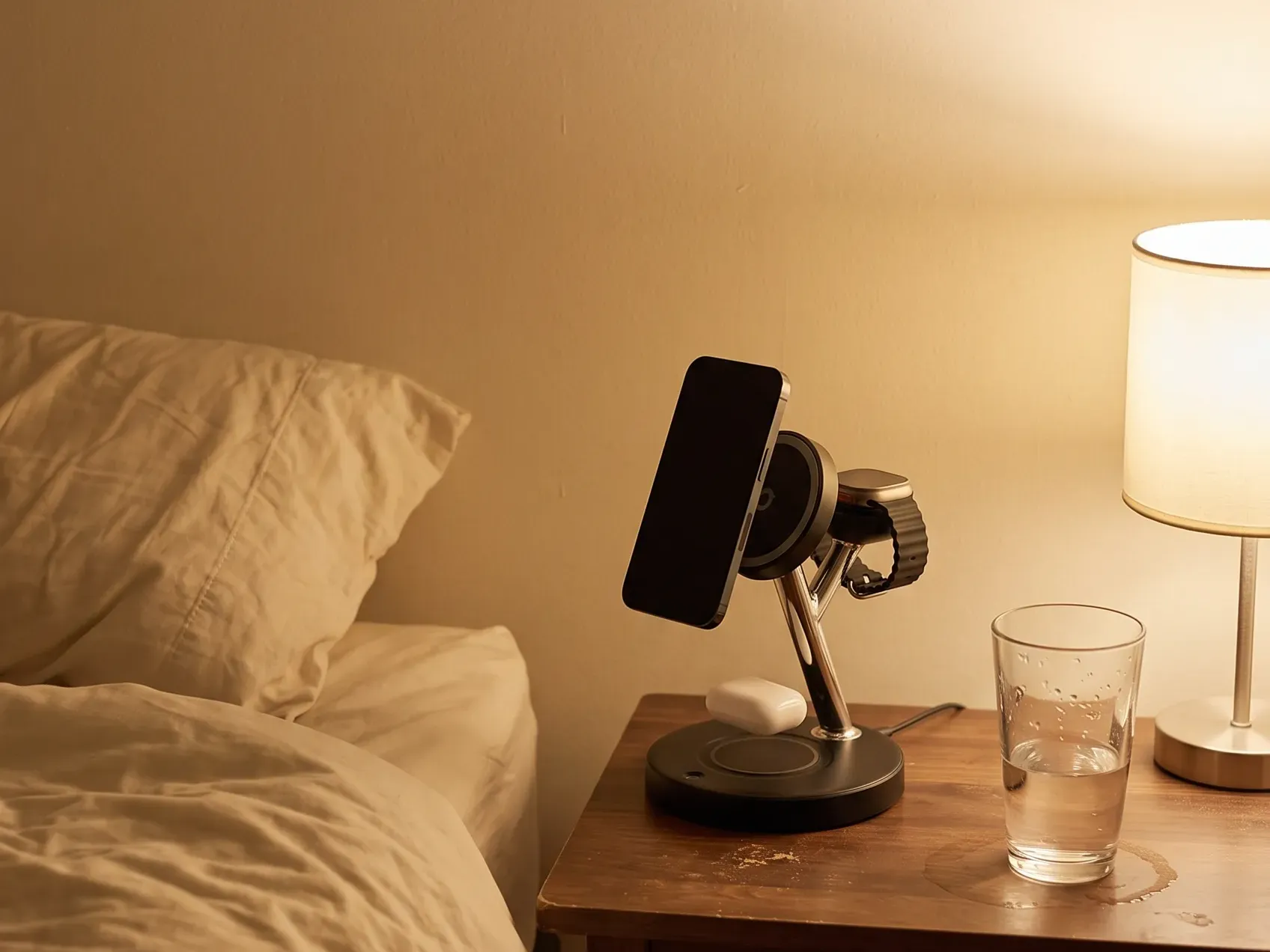 Three-in-one charging stand holding a phone, a watch and earbuds on a small nightstand beside a bed, a christmas list idea for tidy cables