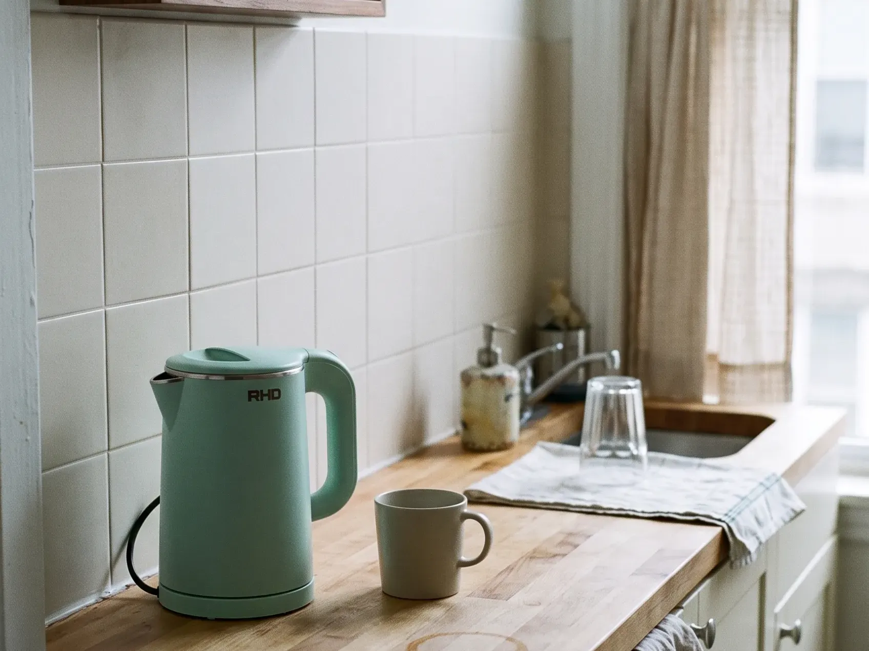 Small stainless electric kettle on a kitchen counter beside a mug and a tea tin, a christmas list idea for a tiny kitchen
