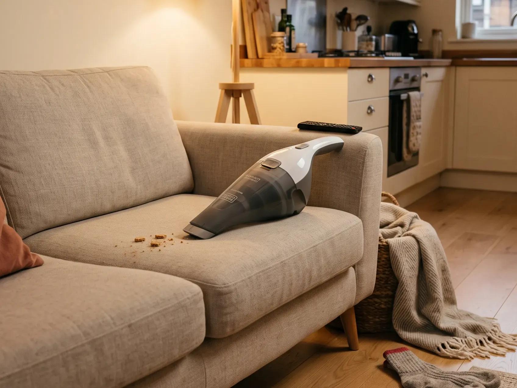 Cordless handheld vacuum docked on a wall mount beside a sofa in a small living room, a practical christmas list idea