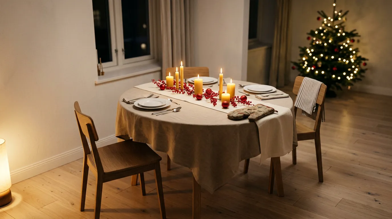 Small round apartment table with a beige cloth, ivory runner and three lit taper candles in glass hurricanes at dusk, Christmas table decorations for a table that seats four