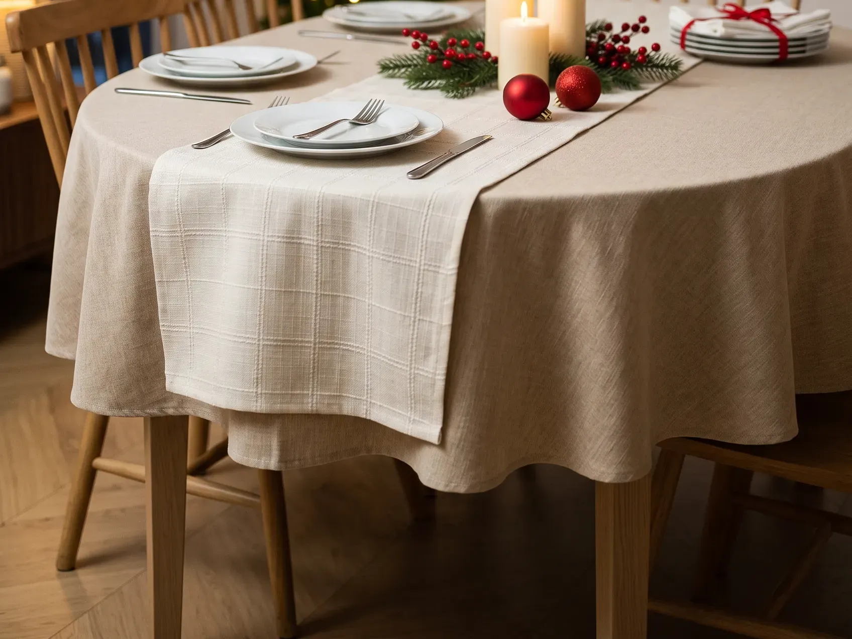 Beige round tablecloth with an ivory linen runner laid across the middle on a small apartment table, the base layers of Christmas table decorations