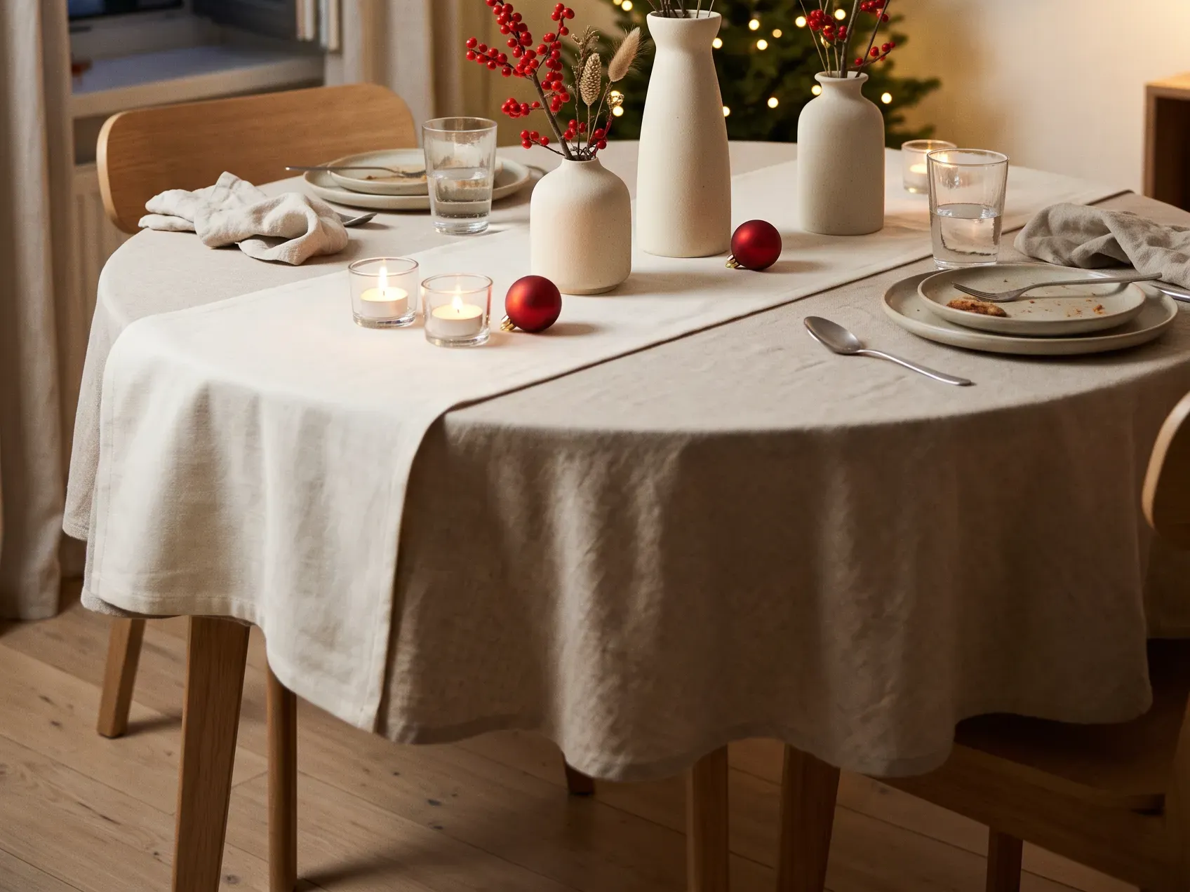 Three small cream ceramic bud vases with winter stems lined up along a runner on a round table, a low Christmas table centerpiece