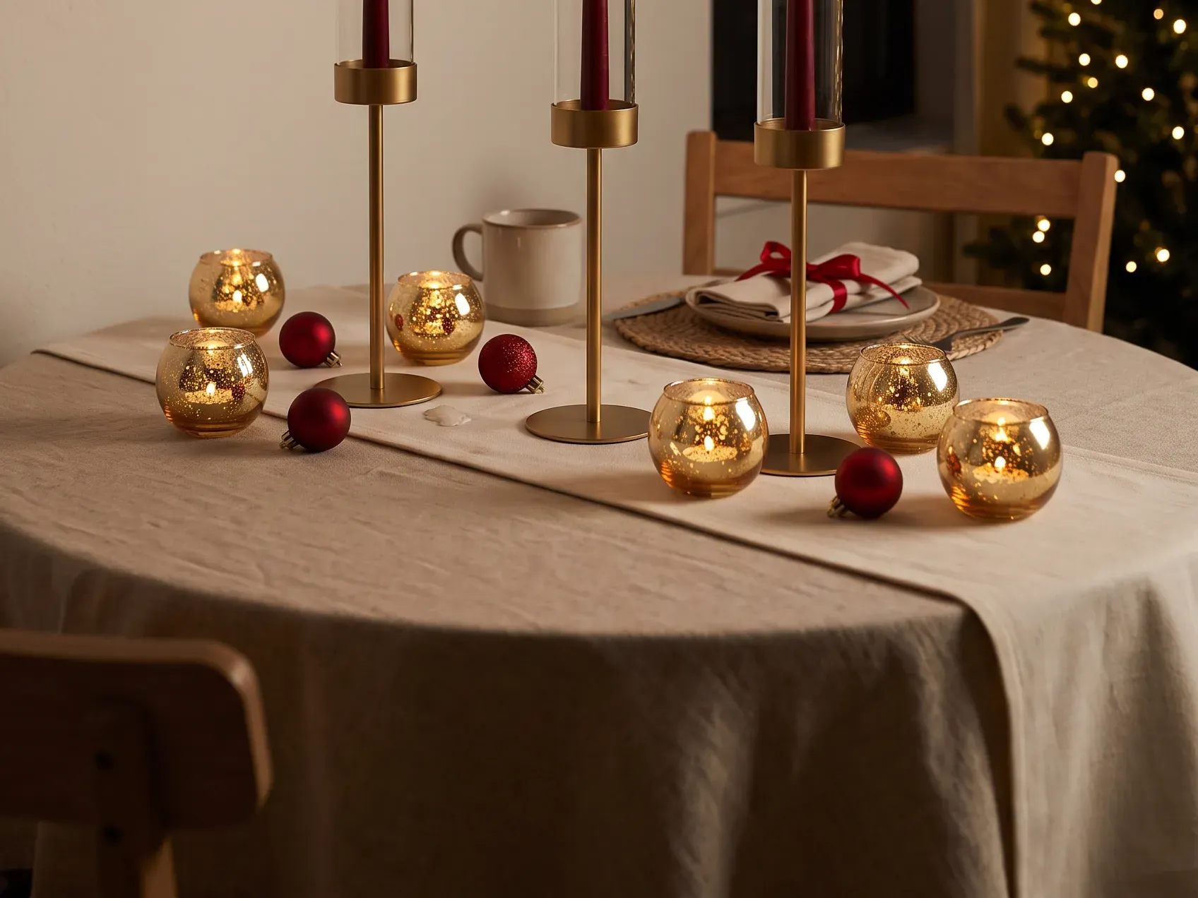 Three gold taper candle holders with tall glass hurricane sleeves lit beside scattered gold votive holders on a runner, candlelight in Christmas table decor