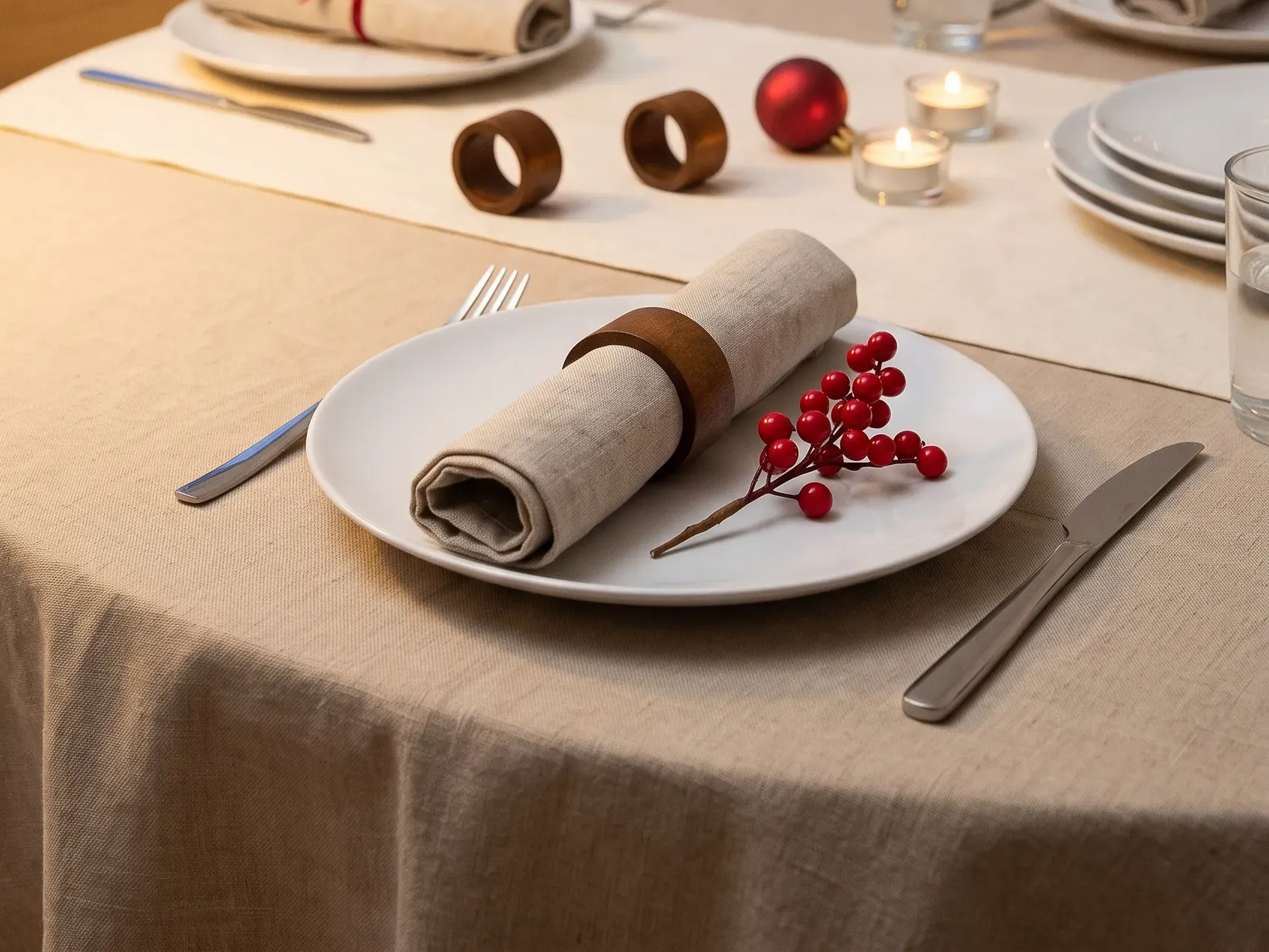 Four plain white plates with folded napkins held in dark wooden napkin rings on a runner, a simple Christmas table setting without new dishes