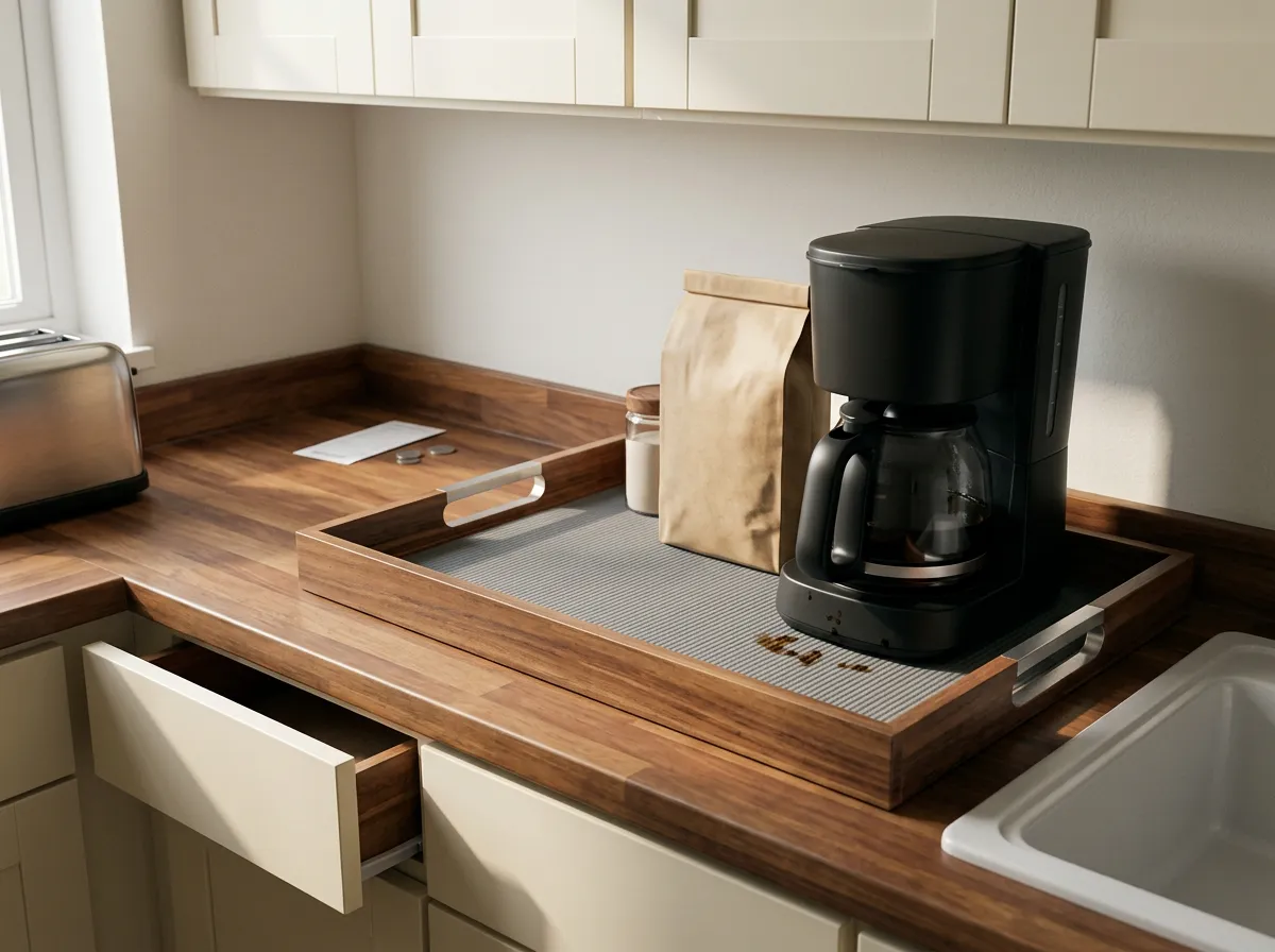 Acacia wood serving tray on a kitchen counter holding a coffee maker, mug and canister on an absorbent mat, a coffee station setup for a small space