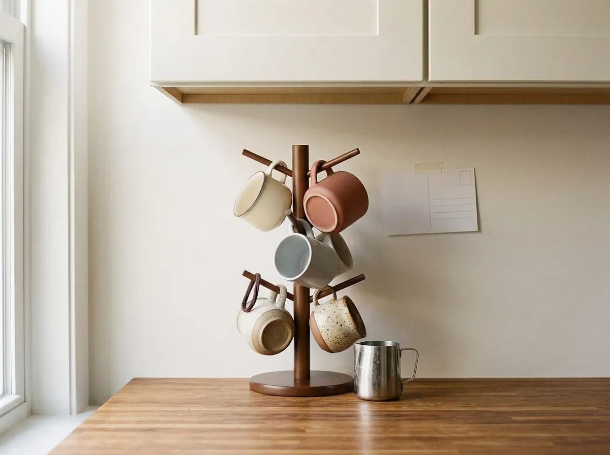 Six-hook wooden mug tree standing on a counter beside a coffee maker holding cream and stoneware mugs, coffee bar storage for a rental kitchen