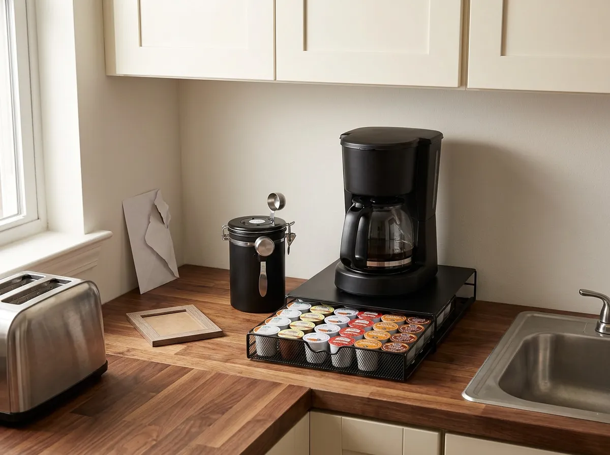 Coffee pod storage drawer sitting under a coffee maker next to a stainless steel airtight bean canister with a date dial, small space coffee bar storage