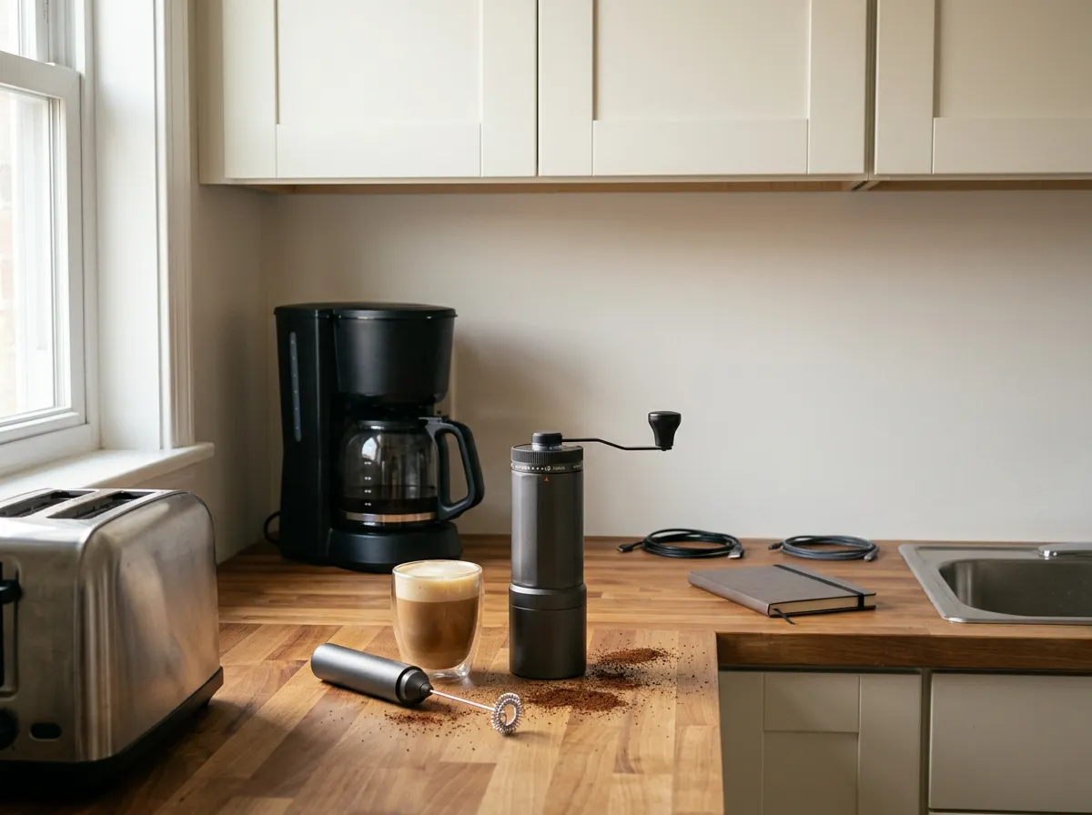 Hand-crank stainless steel burr coffee grinder beside a handheld milk frother and a mug of frothed coffee on a wooden tray, coffee bar essentials for better home coffee