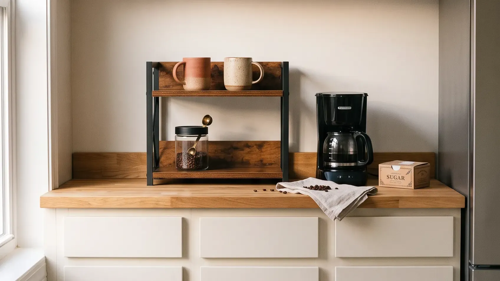Small rental kitchen corner set up as a coffee bar, with a two-tier riser, mugs and a warm light under the cabinet, one of several coffee bar ideas for tight counters