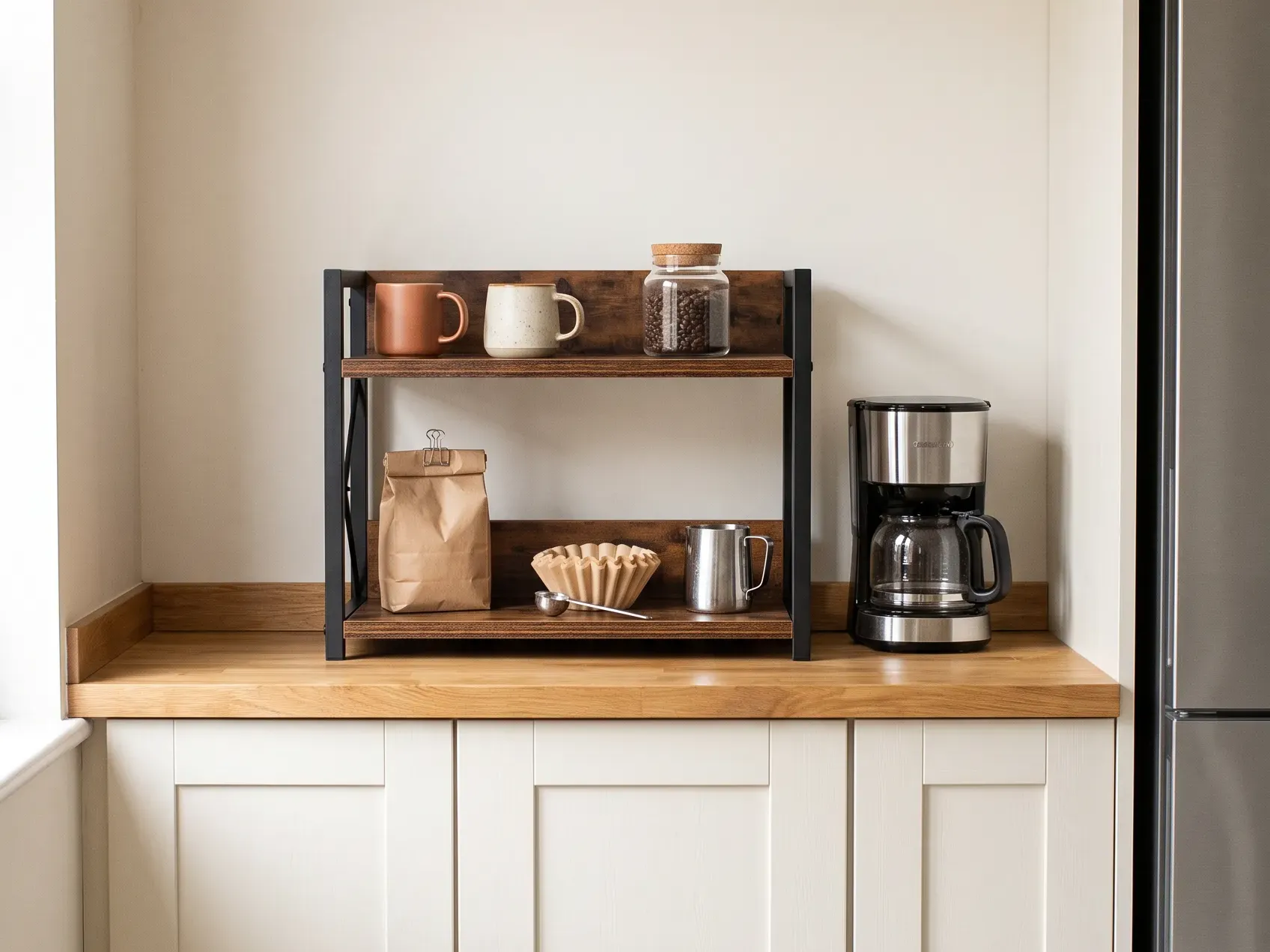 Two-tier wooden riser on a kitchen counter holding mugs and coffee jars beside a machine, a small-space coffee bar idea