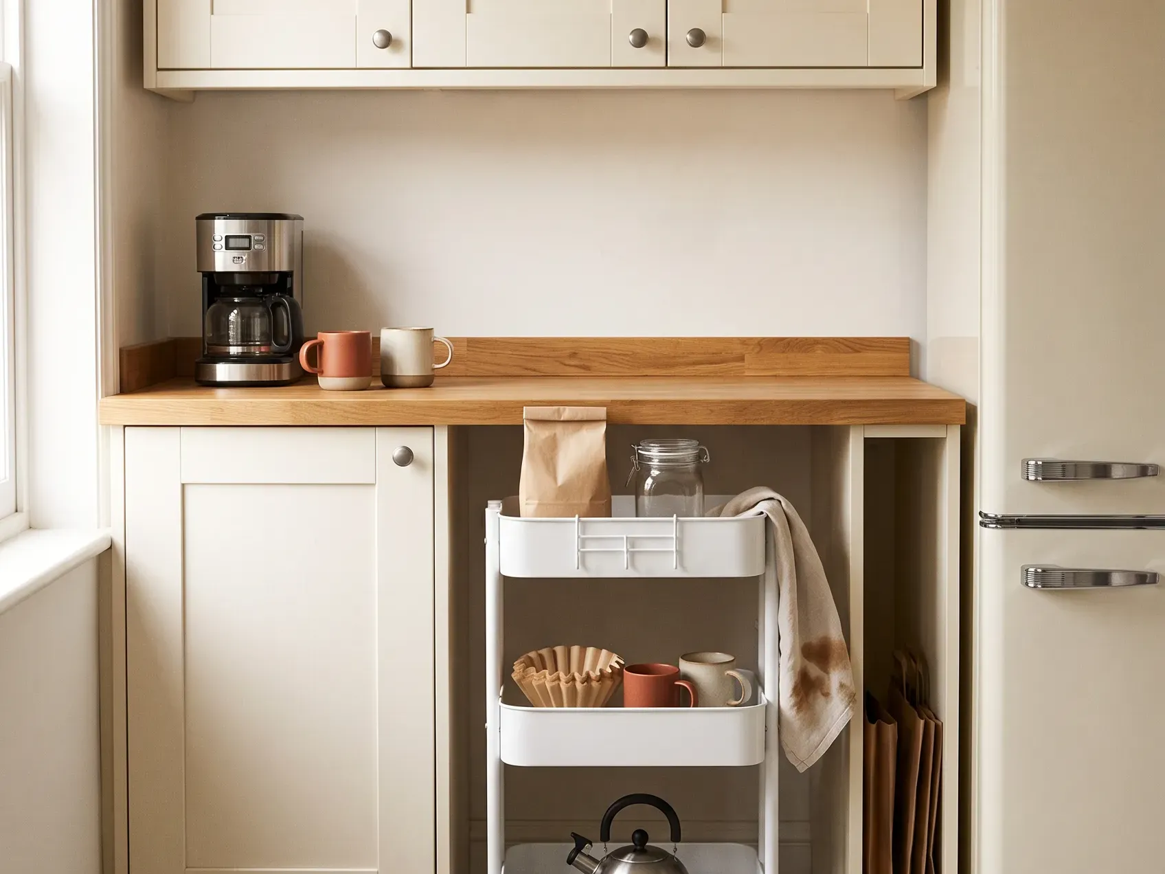 Narrow three-tier rolling cart holding coffee supplies tucked in the gap between a fridge and the wall, a coffee bar idea for small spaces