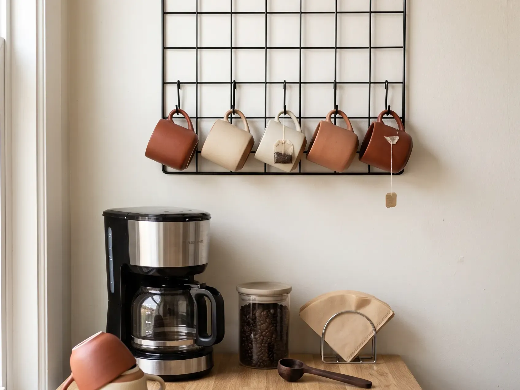 Wire wall grid panel above a counter holding hanging mugs and a small shelf in a rental kitchen, a no-drill coffee bar idea