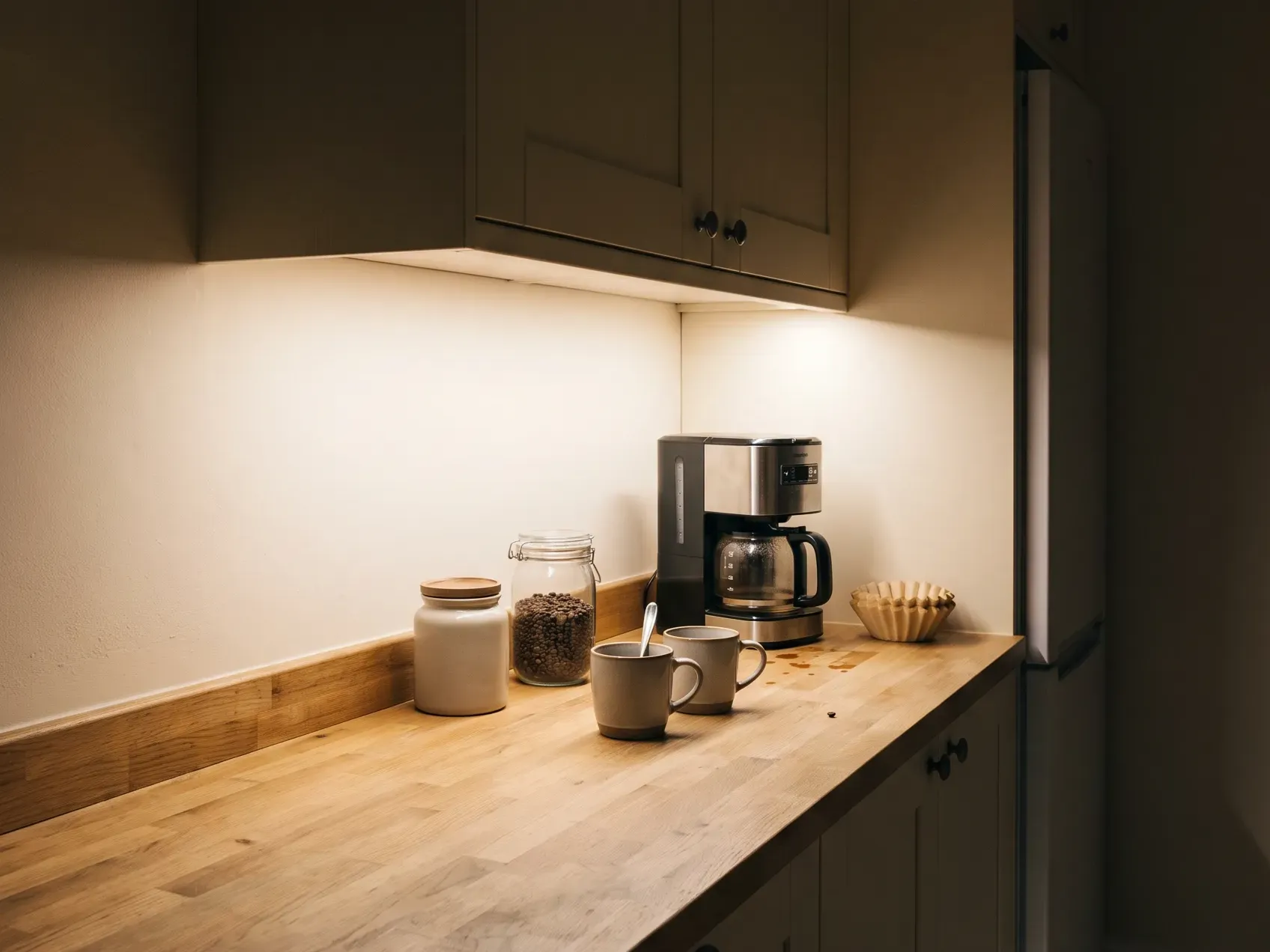 Warm light spilling down onto a counter coffee station from under a kitchen cabinet, showing lighting for a coffee bar idea