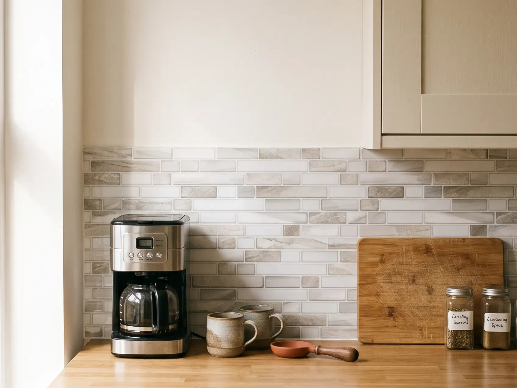 Peel and stick tile backsplash behind a small counter coffee station with mugs and a riser, a renter friendly coffee bar idea