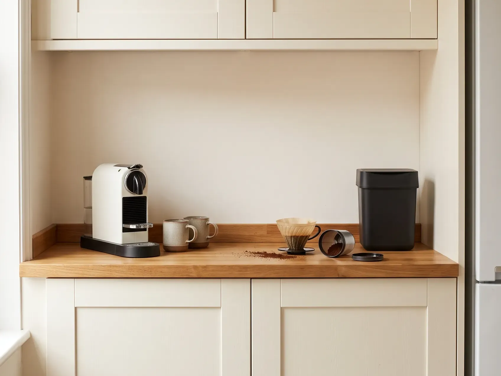 Small lidded bin beside a coffee machine on a counter for used grounds and pods, a practical coffee bar idea