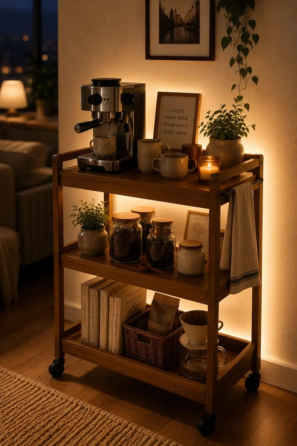 Small home coffee bar corner with wooden tray, ceramic mugs on a rack, and glass canisters on a slim cart