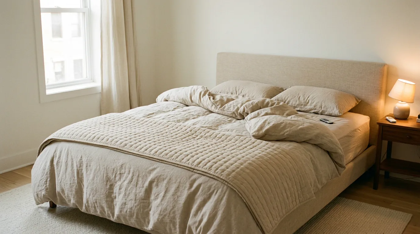 Queen bed in a small rental bedroom layered with an oatmeal duvet, a folded beige quilt and two upright euro shams in late afternoon light, showing cozy bedding ideas